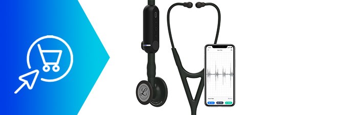 Nærbilde av helsepersonell som bruker 3M Littmann CORE digitalt stetoskop
