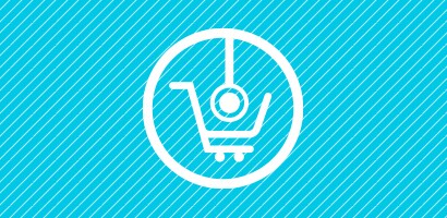 Stetoskop og handlevognikon i hvitt på en cyan bakgrunn.

